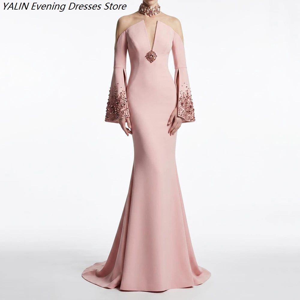 

Women's Mermaid Evening Dresses Floor-length High-neck Full Sleeve Prom Dresses Fashion Crystal Beading Draped Customized Gowns