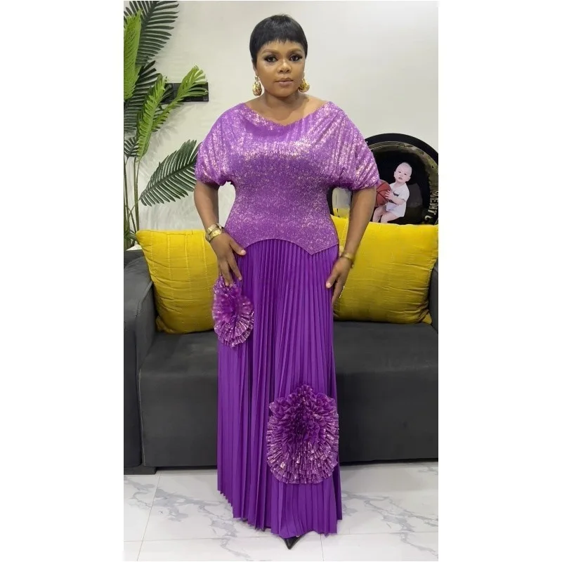 

Summer Two-Piece Set for Plus-Size Women, Miyaki Pleated Batwing Sleeve Skirt, Pleated Skirt with Gold-Stamped Hand-Embossed Floral Design, European and American Style, Elegant Socialite Party Outfit