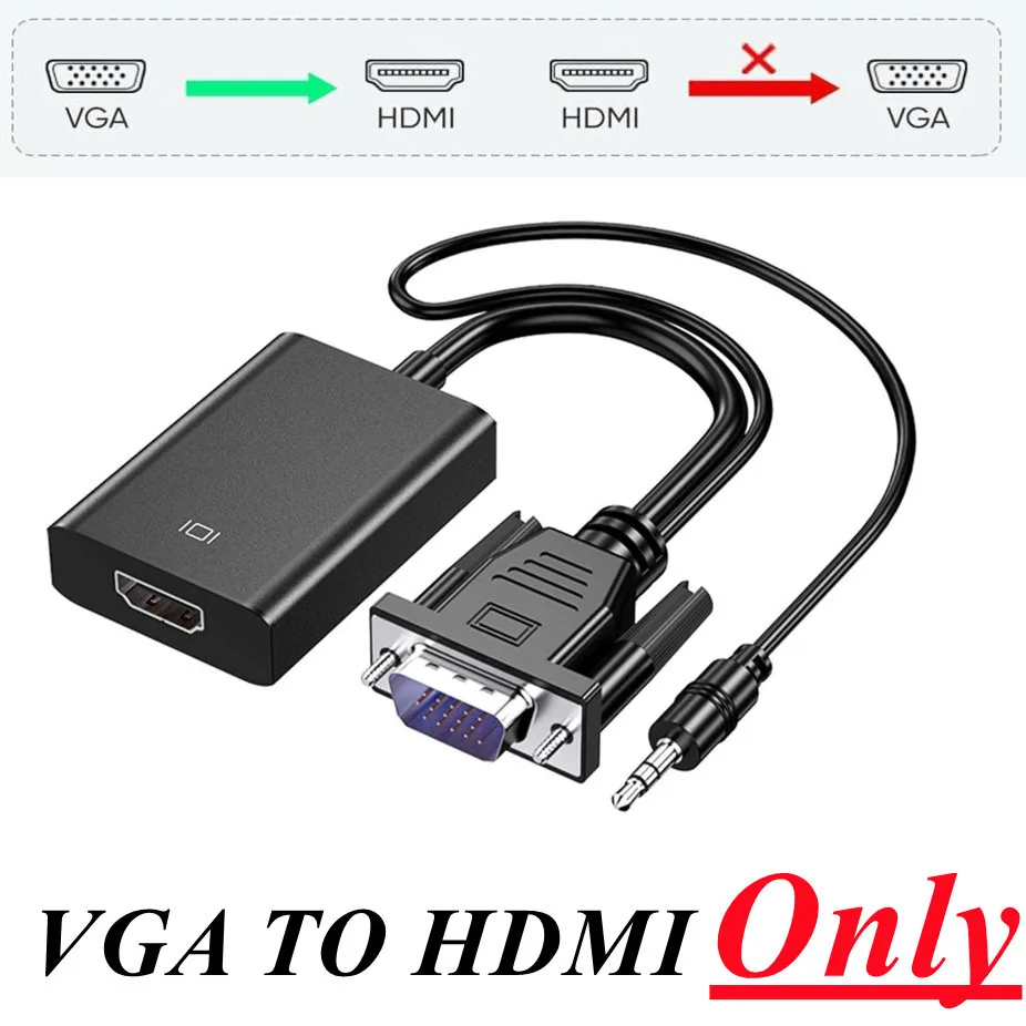 HD 1080P VGA to HDMI-Compatible Converter VGA Adapter with 3.5mm Audio Video Cable VGA Input HDTV Output for Laptop TV Projector