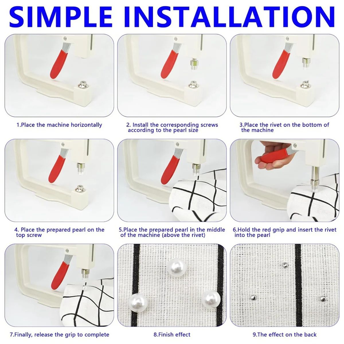 أدوات يدوية لآلة ضبط اللؤلؤ مع 5 أحجام من خرز اللؤلؤ الأبيض المستدير لتزيين الملابس
