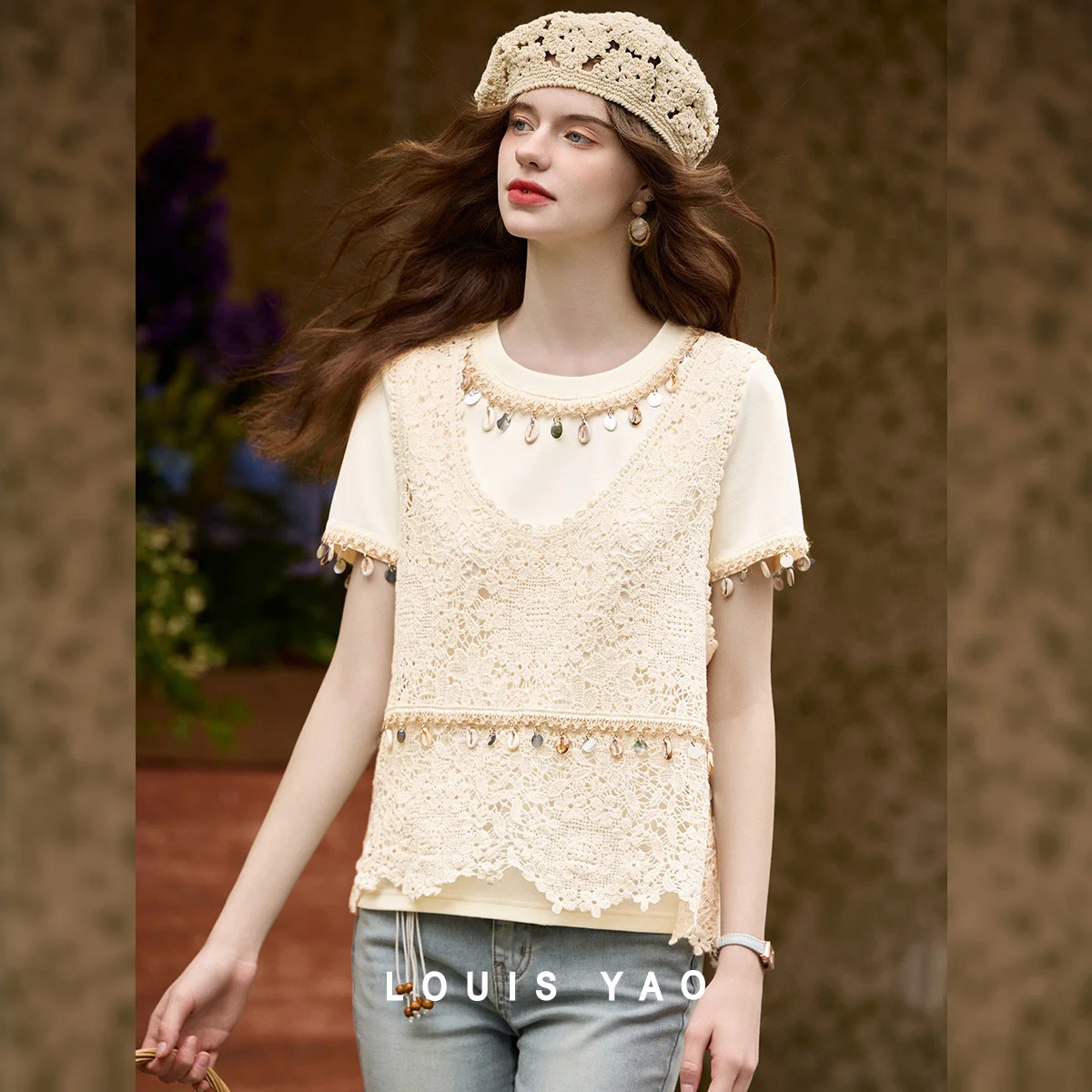 

LOUIS YAO Sequin Weaving Real Two-piece Set 2025 Summer Vacation Style Artistic Retro Micro Elastic Woven Jacquard Women's Set