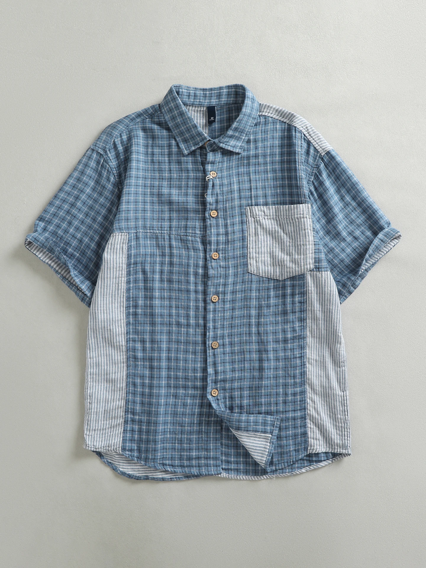 

Summer Loose Fit Men's Short Sleeve Shirt Color Block Design High Density Pure Cotton Comfortable Washed American Style Shirt