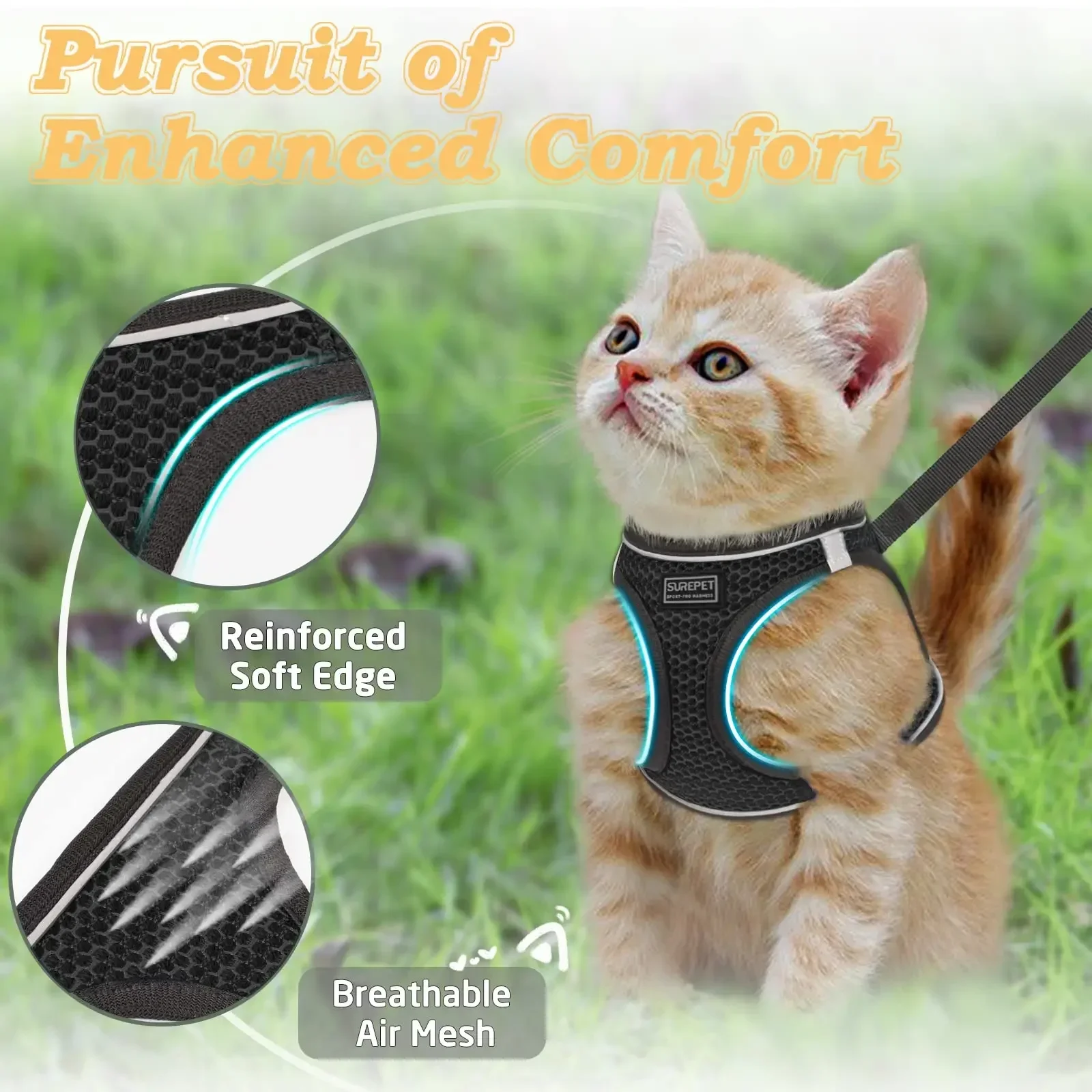 Cat Harness and Leash for Walking, Escape Proof, Adjustable Kitten Vest, Reflective Soft Mesh, Puppy Harness for Outdoor