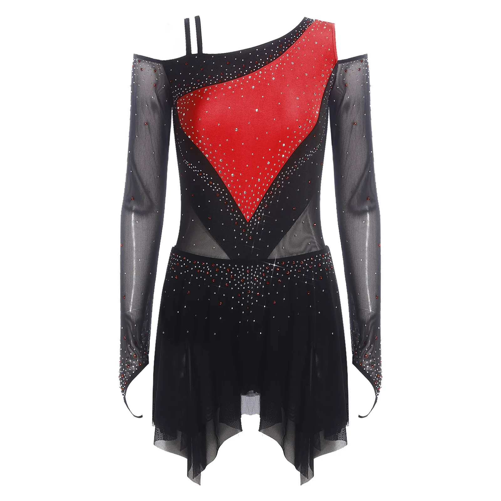 女性フィギュアスケートダンスドレス非対称ショルダー長袖不規則なティアードメッシュ裾レオタードドレス叙情的なダンスウェア