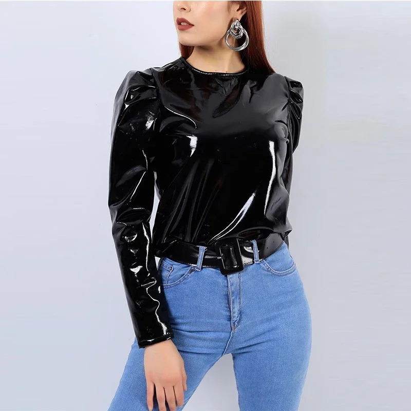 Women Latex Patent Leather O-Neck Tops Long Sleeve Shirt Pullovers PVC Jackets Plus Size Black Red PU Leather Short Coats Custom