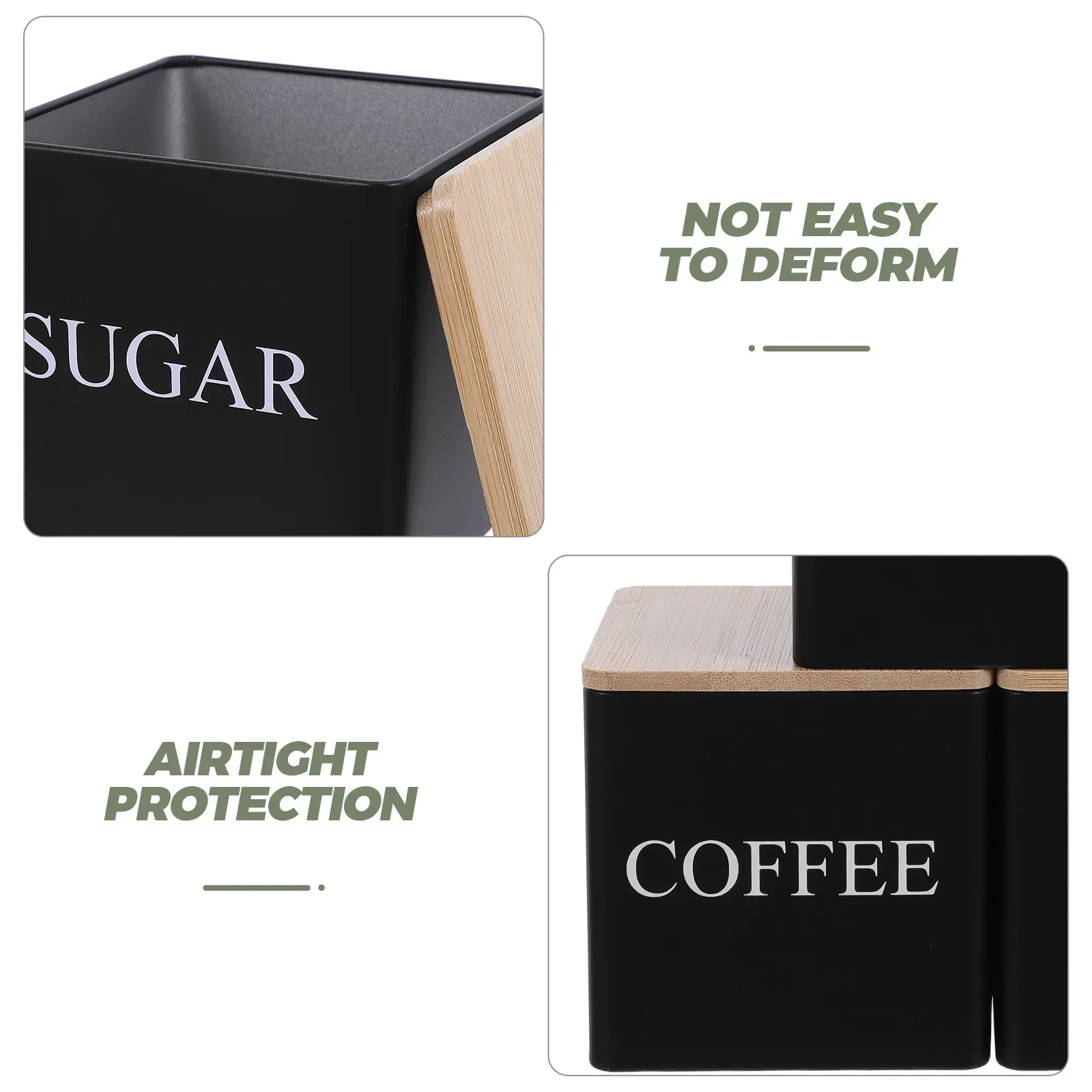3Pcs Metal Tea Coffee Sugar Canister Set Bamboo Lids Square Kitchen Storage Containers Countertop Labeled Food Jars Airtight view 3