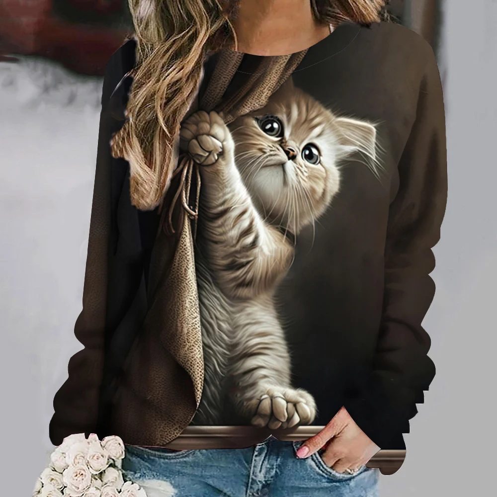 Fashion Cute Cat Sweatshirts Animal 3D Print Hoodies Women Casual Long Sleeve Y2k Hoodie Oversized Pullover Tops Female Clothing