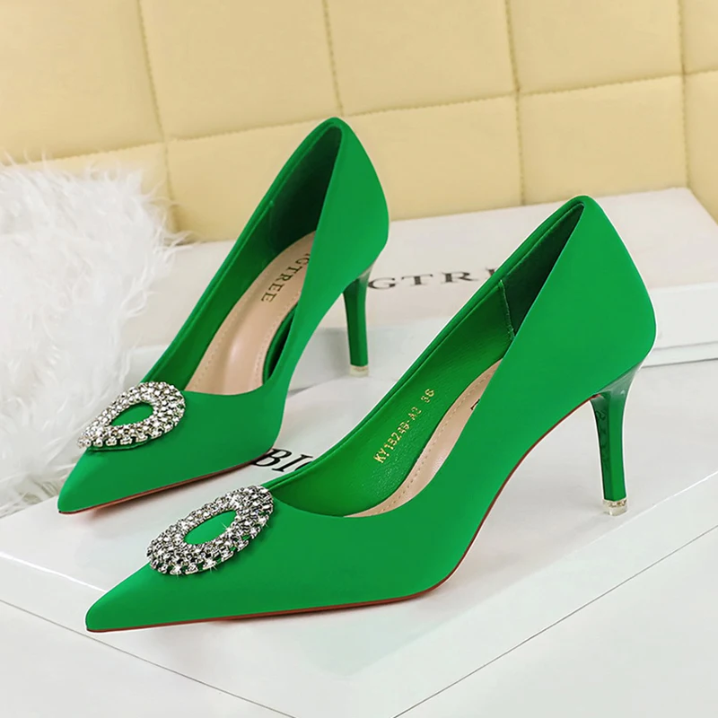 Frauen 7,5/10,5 cm High Heels Dame Mode Runde Strass Schnalle Low Heels Pumps Weibliche Spitz Sexy Grün party Schuhe