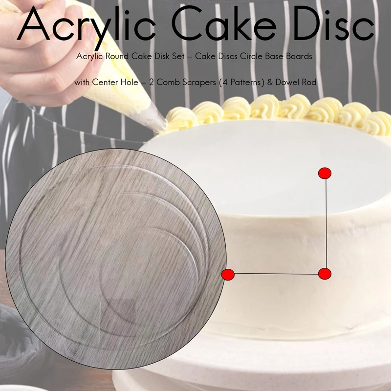 A74E-Acrylic Round Cake Disk Set - Cake Discs Circle Base Boards With Center Hole - 2 Comb Scrapers (4 Patterns) & Dowel Rod