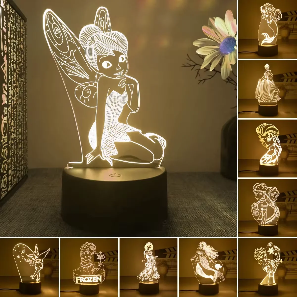 

Anime Disney Princess Cartoon figure Night Light Fairy Tinkerbell 3D LED Table Lamp Figure Toys Lamp Bedside Decor Gift