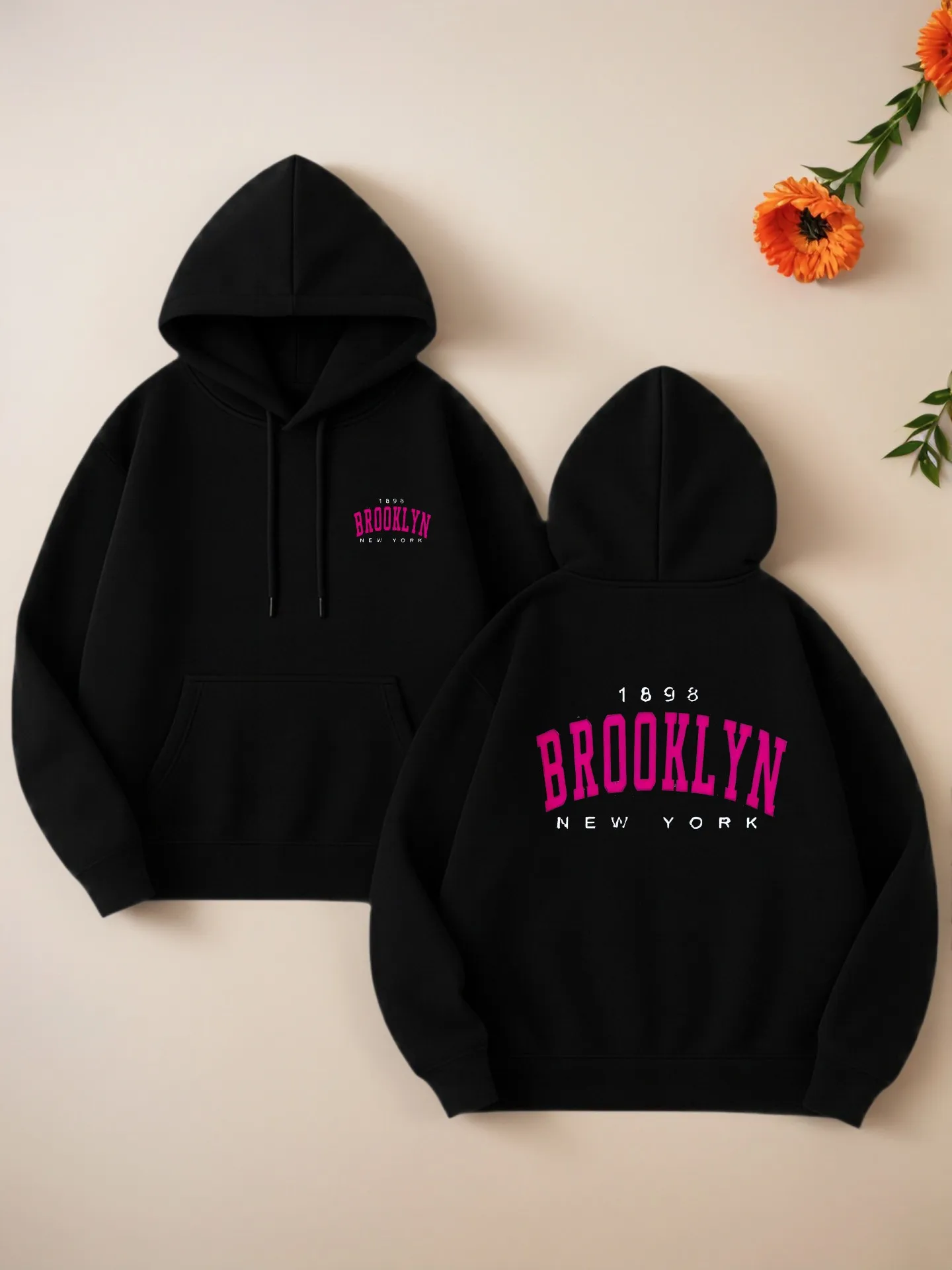 

Brooklyn Letter Print Graphic Hoodie, Streetwear Style, Fleece, Casual Everyday Wear, For Men