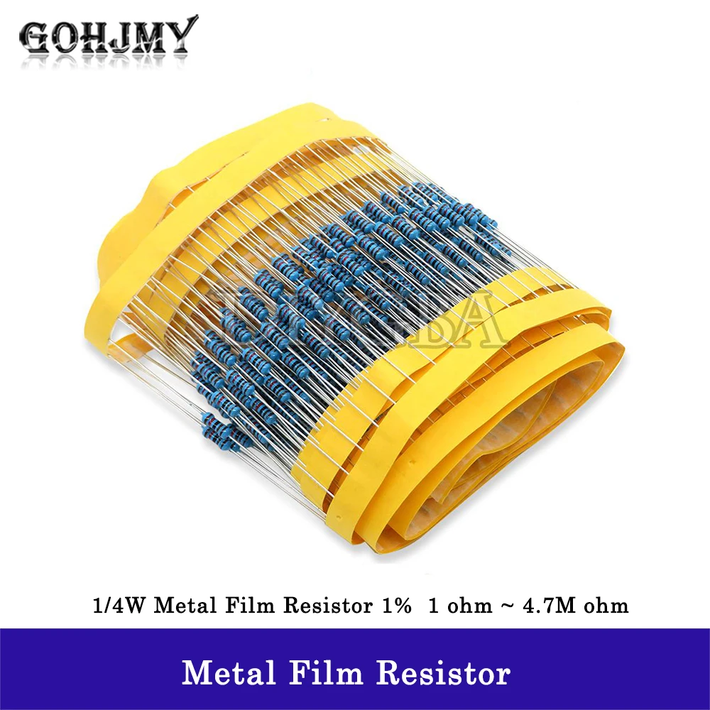 100 buah 1/4W resistor film logam 1% 1R ~ 1M 1K 4.7K 10K 22K 47K 100K 330K 470K 10R 22R 47R 100R 330R 1 2 10 22 47 100 330 ohm