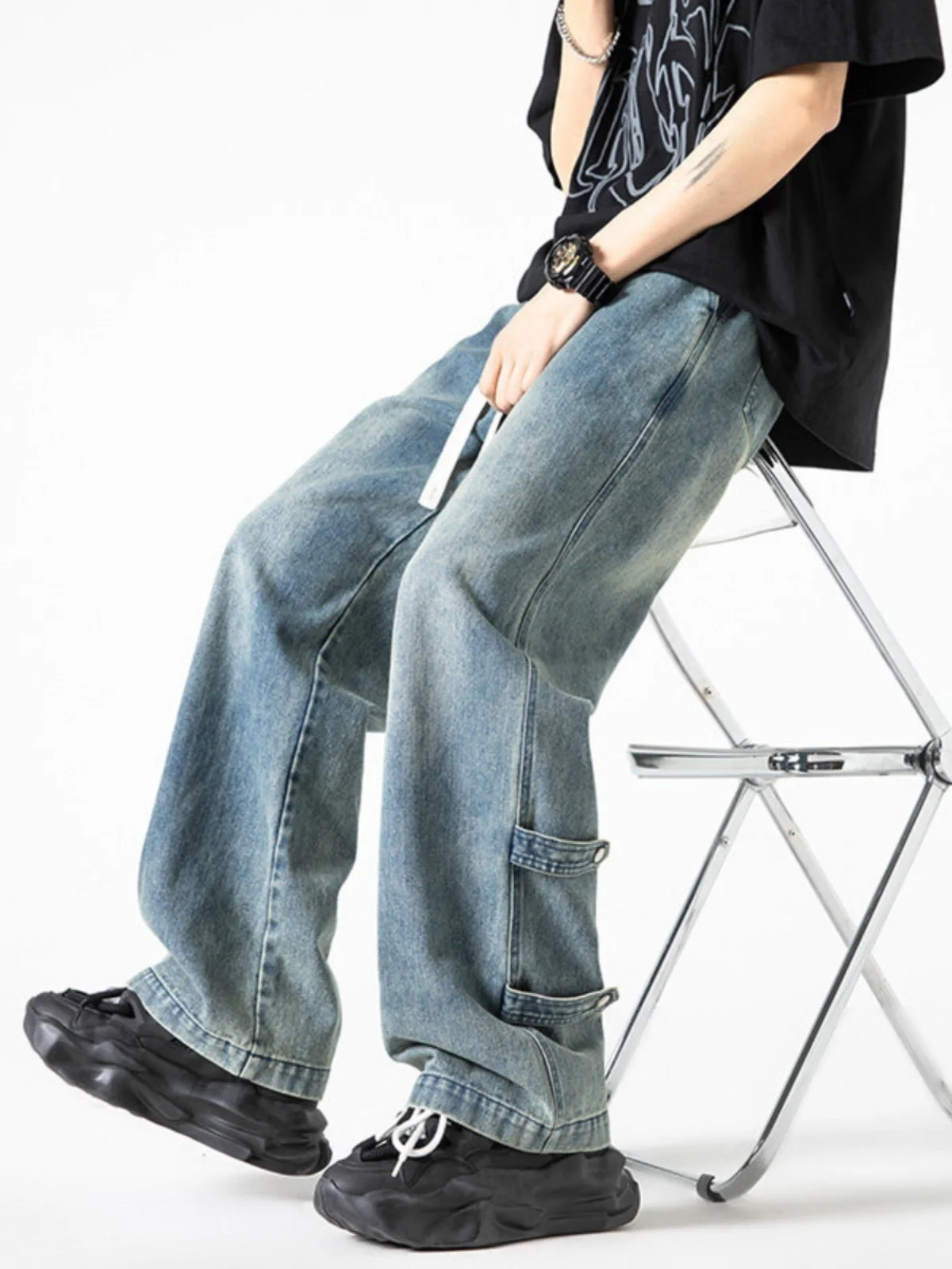 

Мужские джинсы в стиле ретро, ​​американские синие рабочие джинсы, модные длинные брюки прямого кроя в стиле хип-хоп, весенне-осенние износостойкие эластичные джинсы из денима