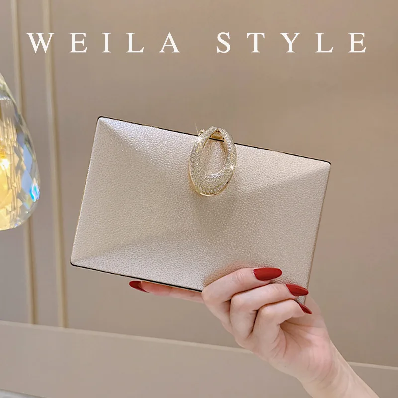 Simple champagne gold dinner bag women's hard shell rhinestone lock hand holding versatile messenger fashion party bag