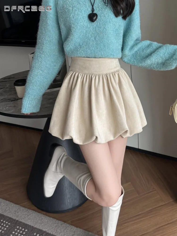 

High Waist Hot Girl Retro Suede Bud Skirt For Woman Autumn Winter Casual Ballet Sweet Coffee Mini Skirts Female