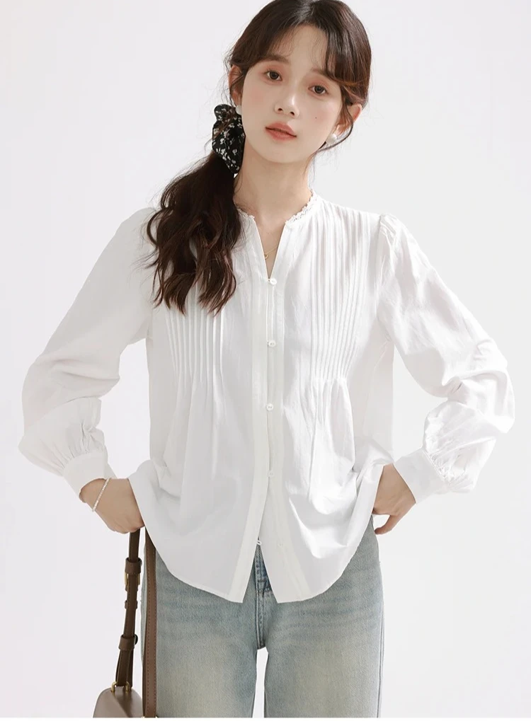 Blusa elegante con mangas abullonadas para mujer, camisa Vintage francesa con cuello en V, Top elegante de manga larga para otoño, ropa informal diaria o de oficina