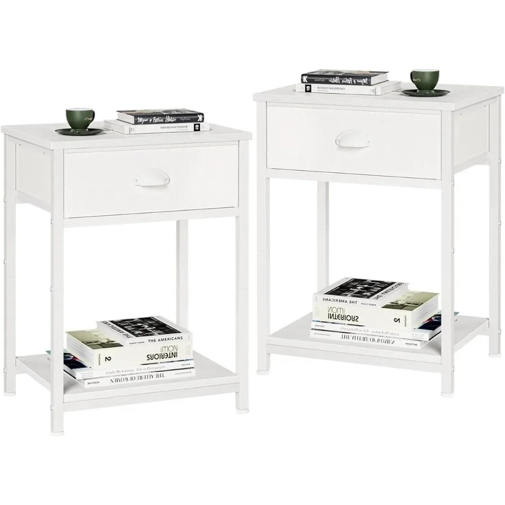 

White Nightstands Set of 2, End Table with Fabric Drawer, Small Side Table for Small Spaces, 2 Tiers Storage Shelves for Bedroom