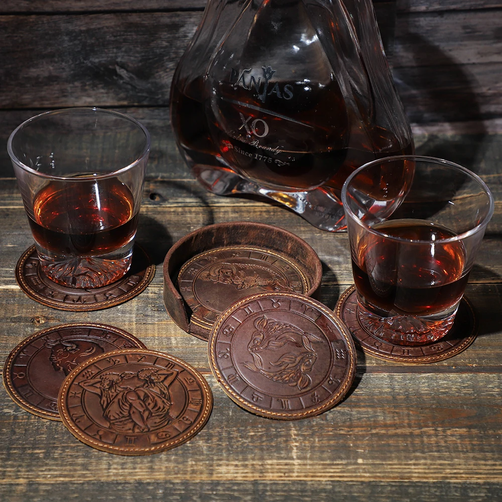 6pcs/set Genuine Leather Zodiac Coaster Drink Coffee Cup Mat Round Pad Table Placemats Round Tea Pad Home Decoration