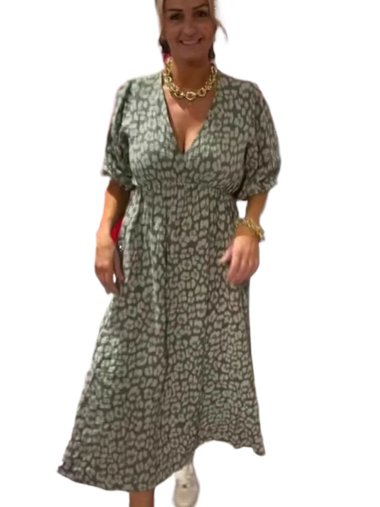 

New Women's 2025 Fashion Dress Elegant V Neck Short Sleeve Loose Print Holiday Party Beach Casual Dresses For Women Robe Femme