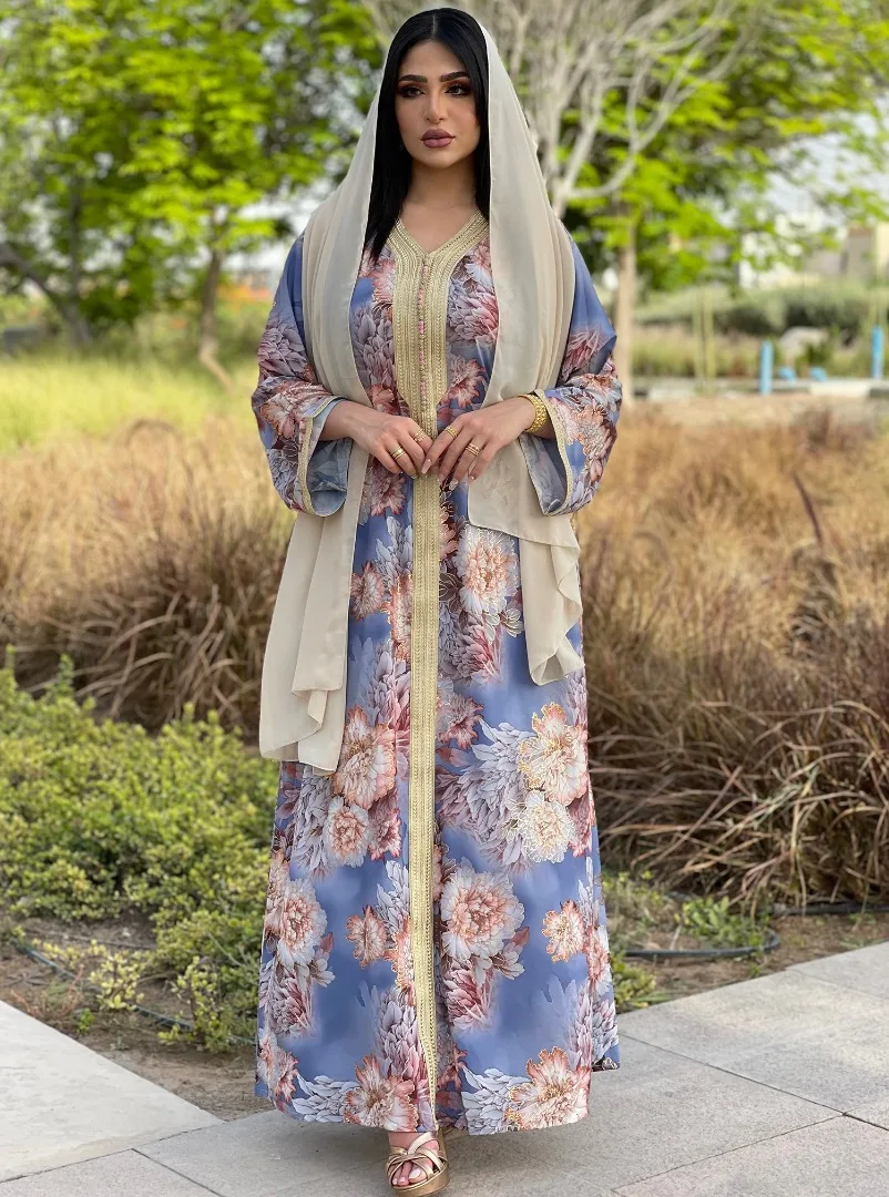 Print Dress for Women V-neck Floral Long-sleeved Abayas for Women Elegant Modern Maxi Dress Islam Clothes Women Muslim Clothing