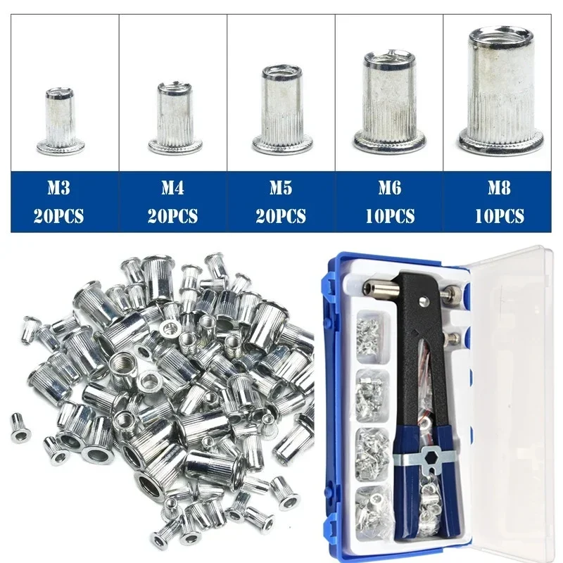 86Pcs M3-M8 Blind Hand Rivet Nuts Threaded Insert Rivet Tool Riveter Gun dengan Nutsert Alat Pemasang Rivet Set Peralatan Perbaikan Rumah Tangga