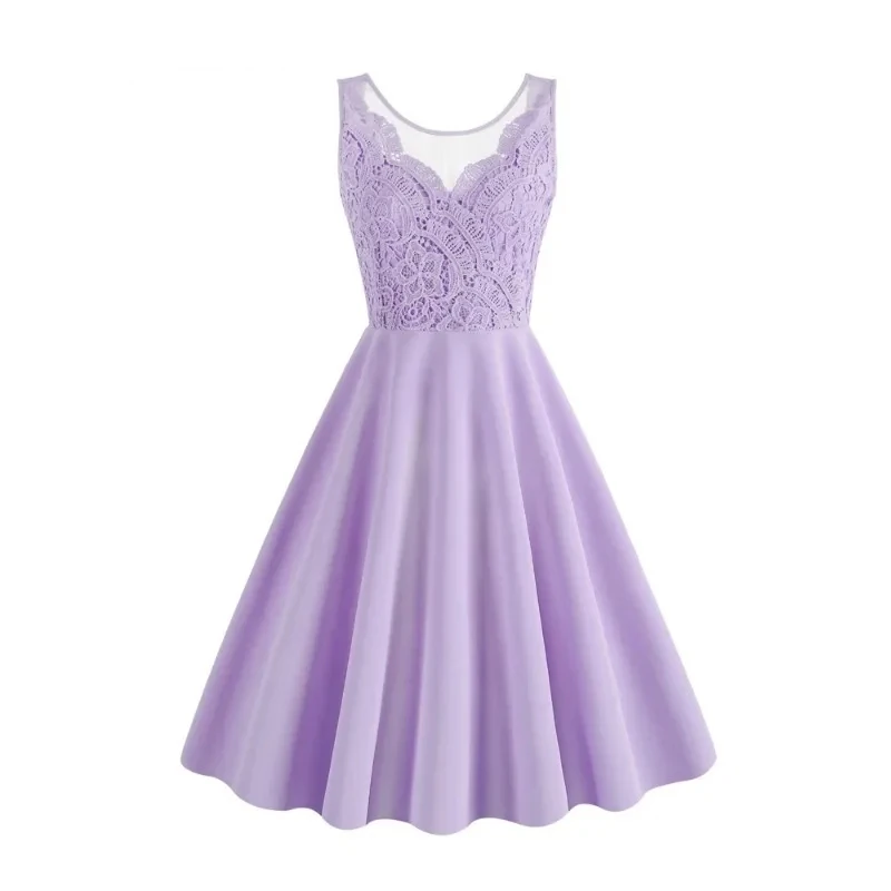 Black Lilac Lace Chiffon Prom Dress Elegant O-Neck Cocktail Evening Party Dresses Sleeveless A-Line Dress