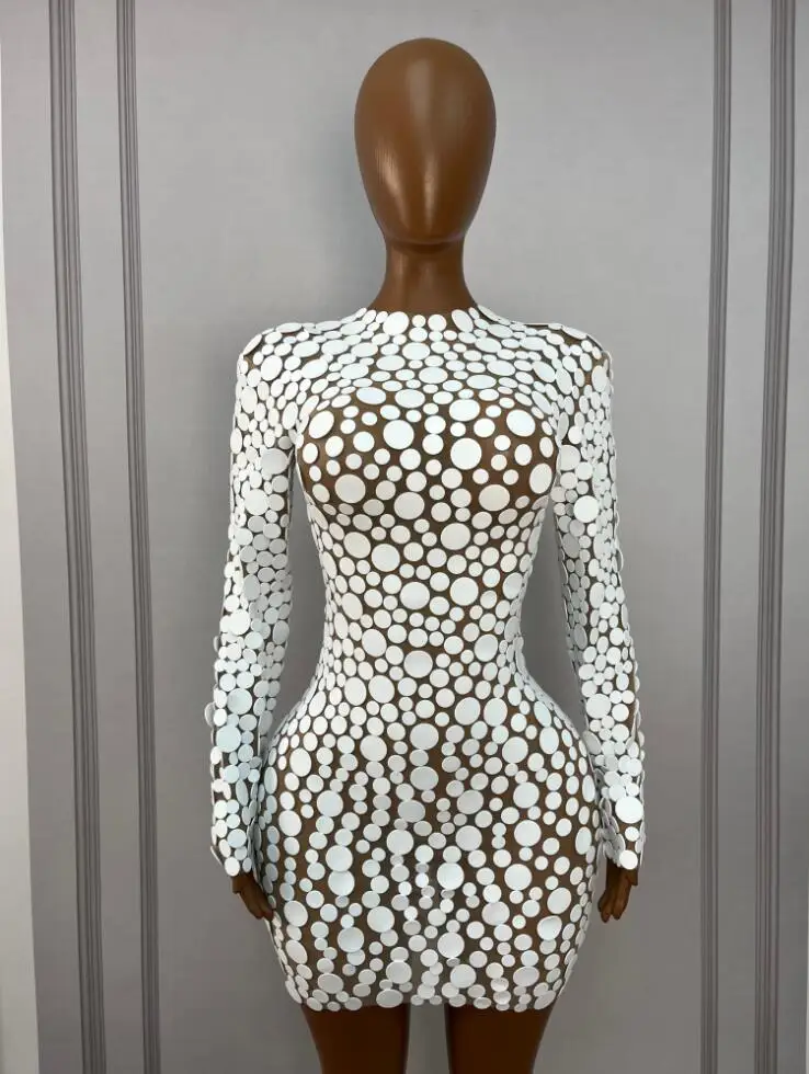 New Design White Foam Dots Foam Fashion Dress Women Night Club Birthday Party Celebration Stretch Costume Party xiaoxue