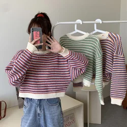 Xpqbb Striped Knitted Sweater Women Korean Fashion Long Sleeve Loose Jumpers Woman Autumn College Style Short Sweaters Pullovers