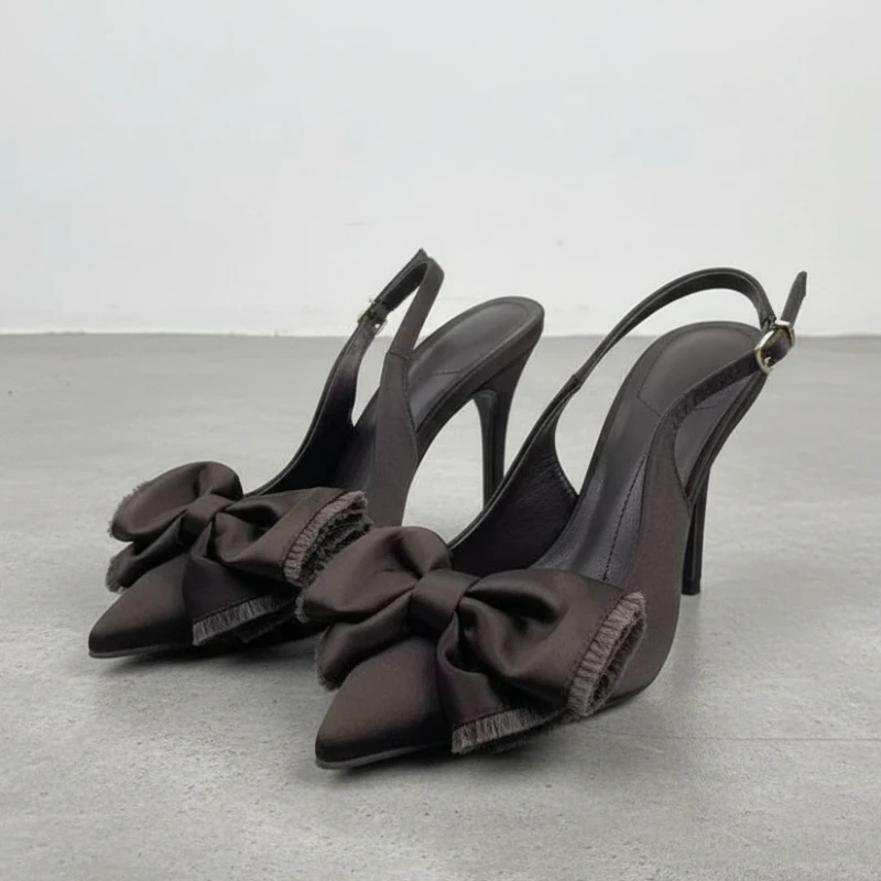 

Women Pointed Toe Dress Pumps Satin Bow Decoration Slingback Buckle Strap High Heels Elegant Party Prom Ladies Shoes