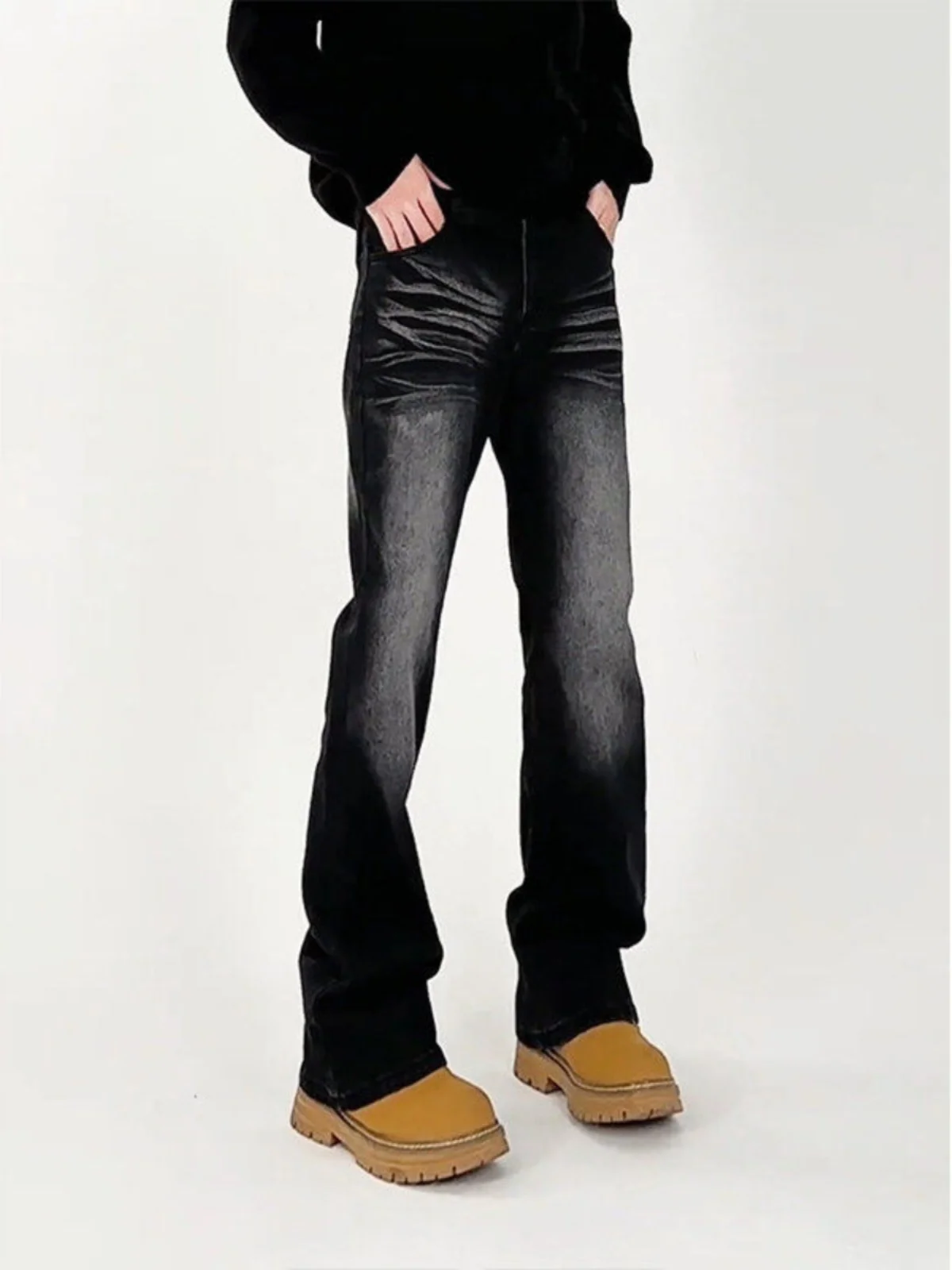 

American High Street Waed Bla Knife Jeans Men's Cleanfit High Waist Slim Micro Flared Pants Straight Leg Jeans