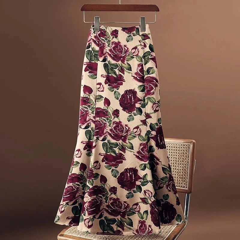Saia longa de meia-panturrilha com estampa floral feminina, saia A chique, cintura alta, trompete, roxo, rosa, roupas da moda