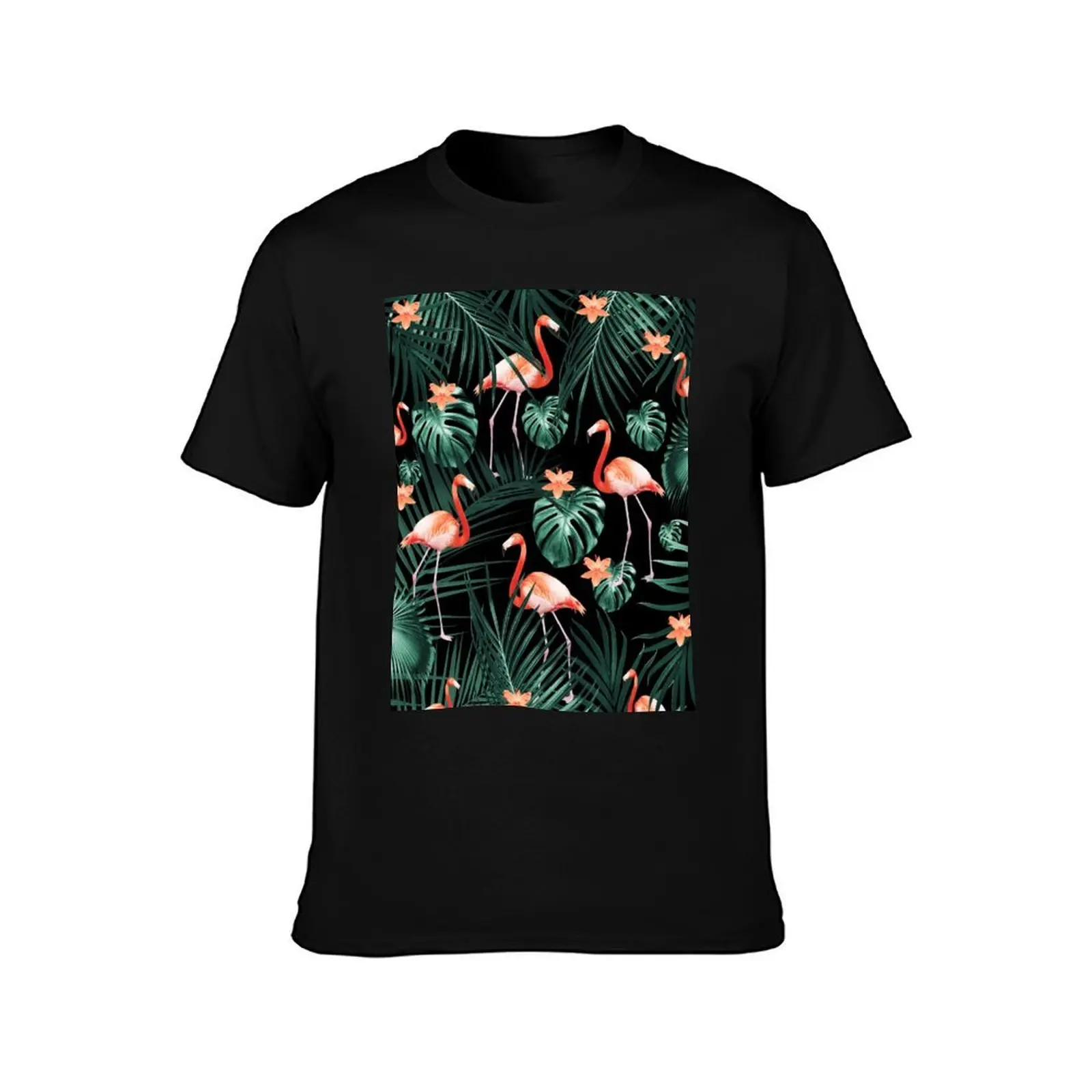 Tropical Flamingo Floral Night Pattern #1 #tropical #decor #art T-Shirt, Summer Casual Cotton Tee, Oversized Streetwear Tops