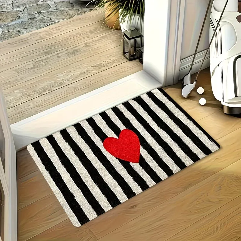 Modern Striped Welcome Doormat Cute Heart Floor Rug Non Slip Bath Kitchen Carpet Housewarming Gift Home Decoration