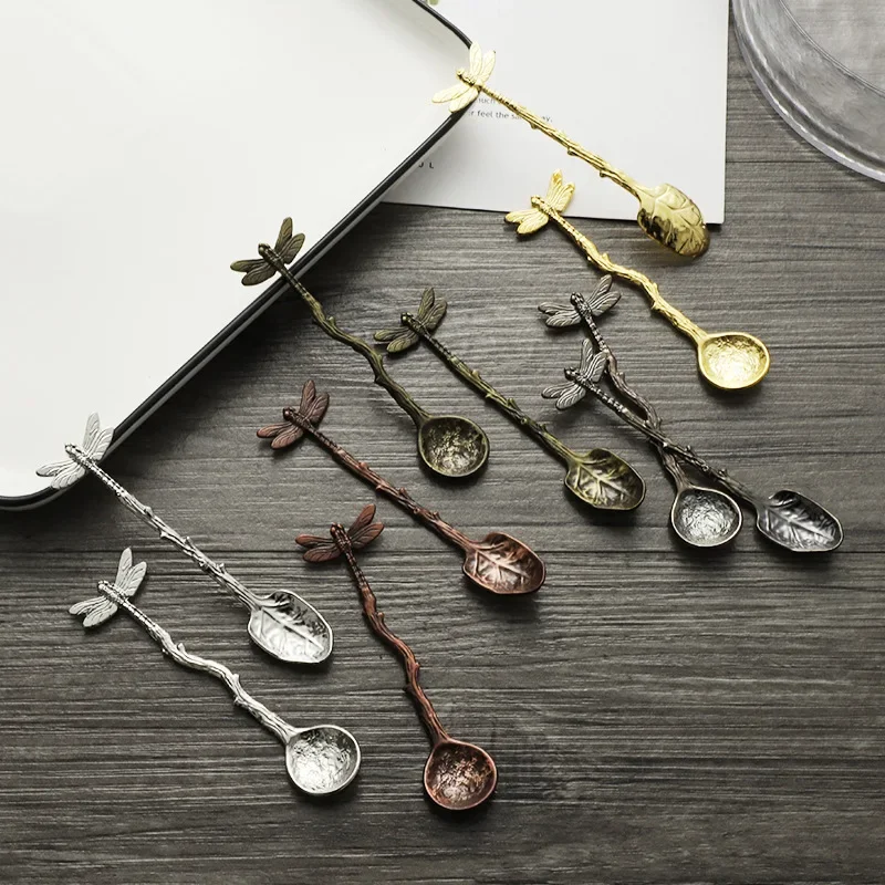 New Vintage Forest Style Coffee Dessert Dragonfly Branch Spoon Gift Craft Ice Cream Fork Spoon Set