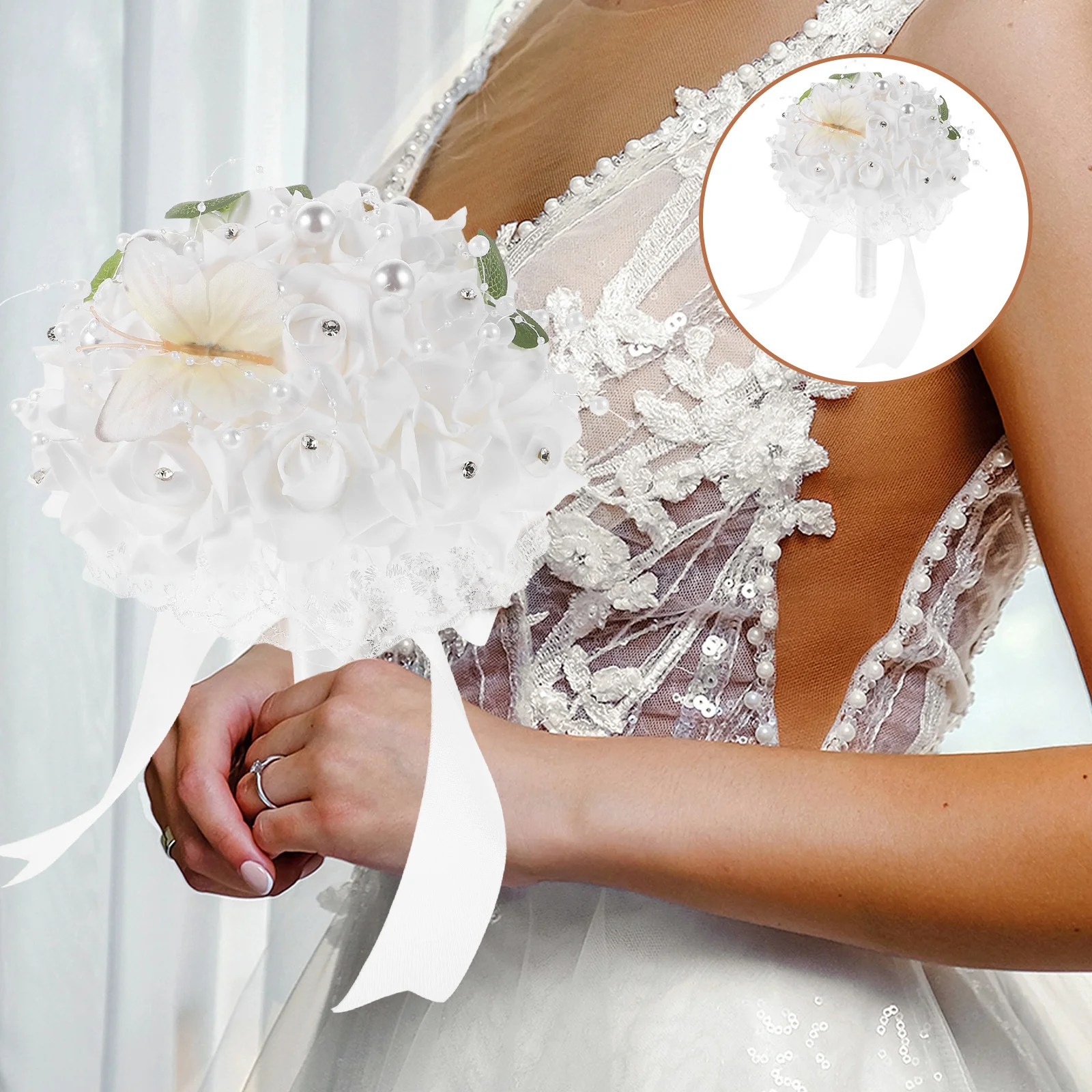 

Wedding Hand Bouquet Artificial Bridal Fake Roses Elegant Ribbon Bridesmaids Bride Photo Shoot Ceremony Decoration