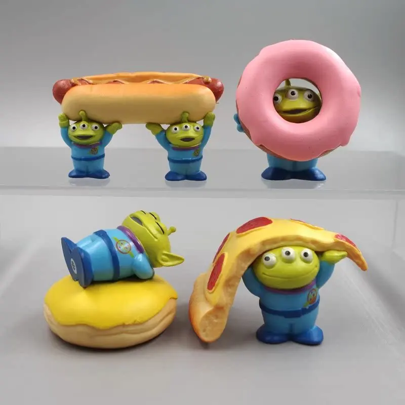 Hot Toys 4pcs/a Set Kawaii Three-eyed Boy Toy Story Pizza Doughnut Action Figures Bake Cake Decorations Desktop Ornament Gift