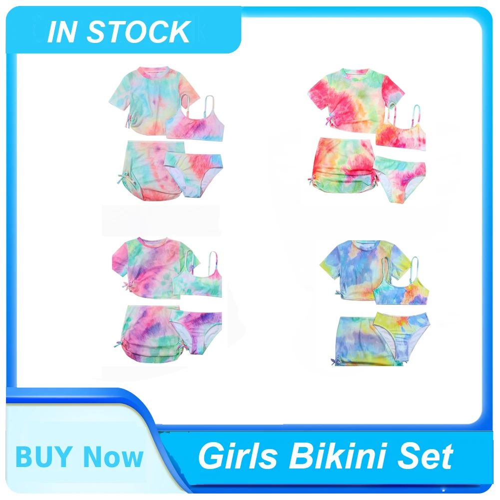 

Kids Girls Bikini Set Summer Child Four Piece Swimsuit High Waist Beachwear Soft Breathable Bikini Briefs And Skirt Bathing Suit