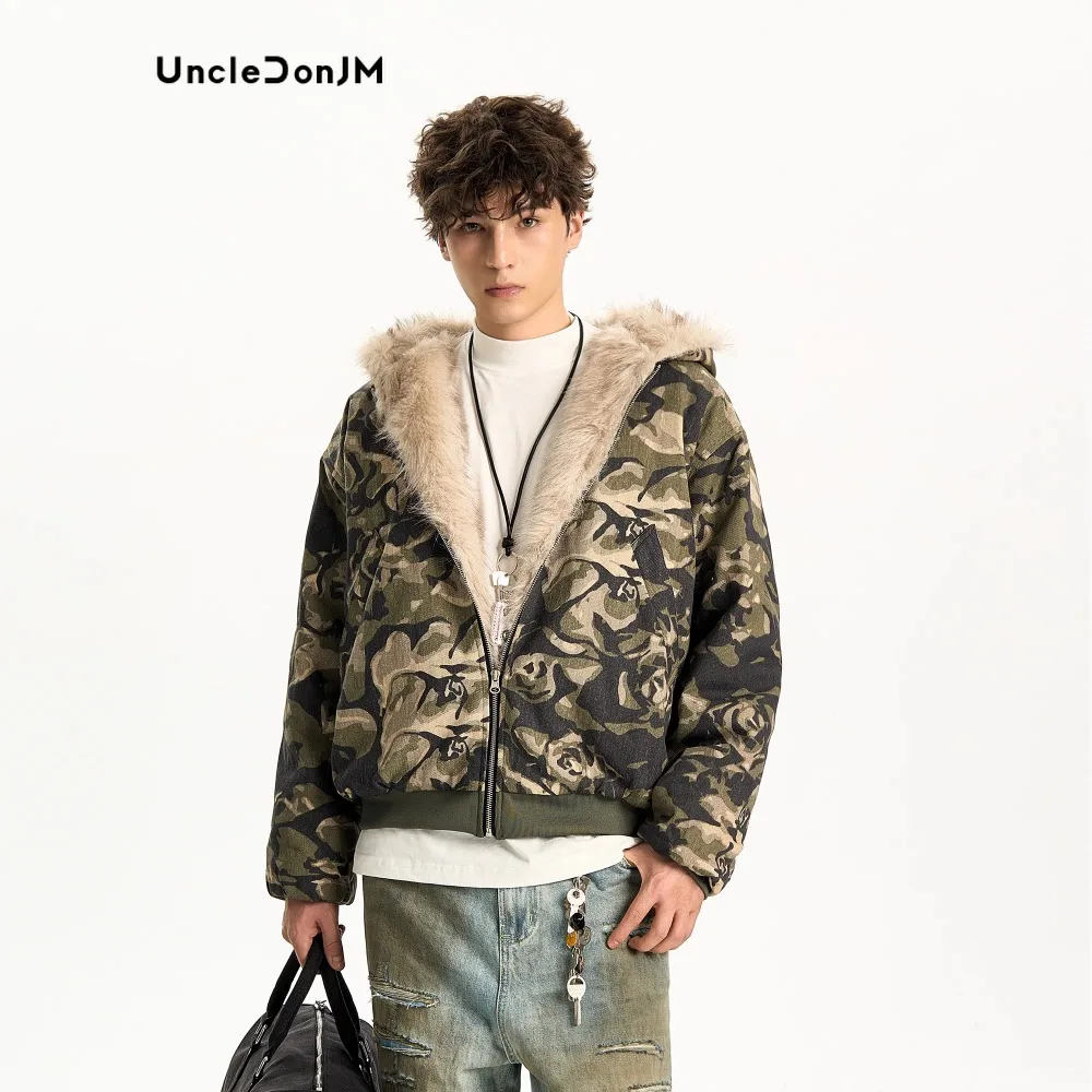 

Uncledonjm Camouflage Fur Collar Puffer Jacket Men's Winter Thickened Hooded Coat Hip Hop Parka