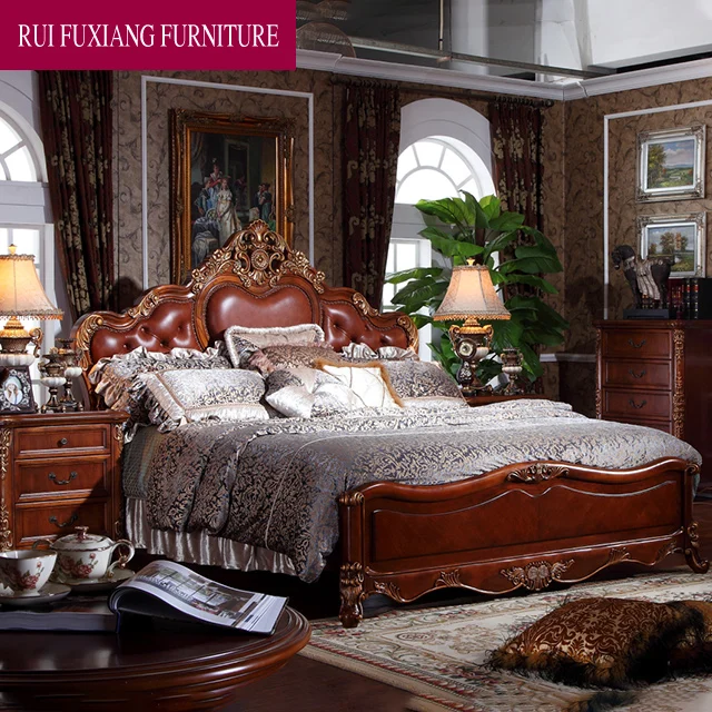 American-style Luxury Wooden Carved Leather-upholstered Bed, Double Bed, King-size Bed, Classic Bedroom Villa Furniture Set