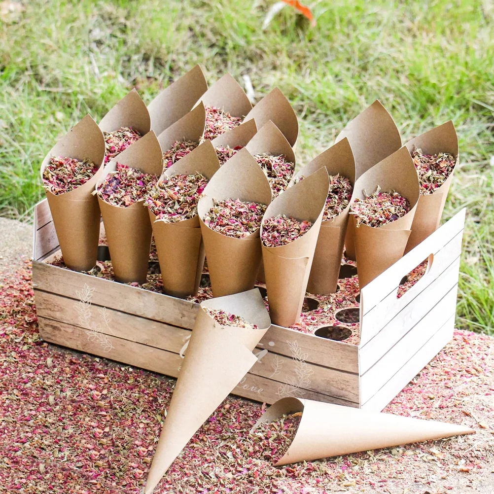 120 Pcs Confetti Petal Cones Ties Nut Pod Wedding Party Favors for Light Brown Paper Dried Rose Petals