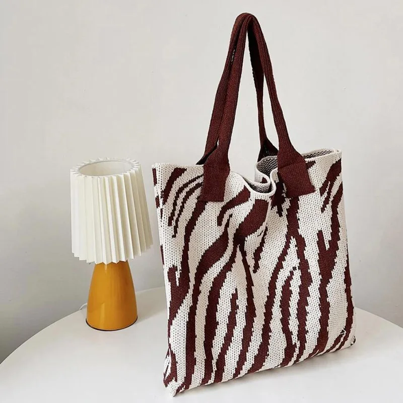 Zebra Print Shoulder Bag Large Contrast Color Striped Tote Cotton Fabric Handwoven Summer Y2K Fashion Black White Canvas Handbag