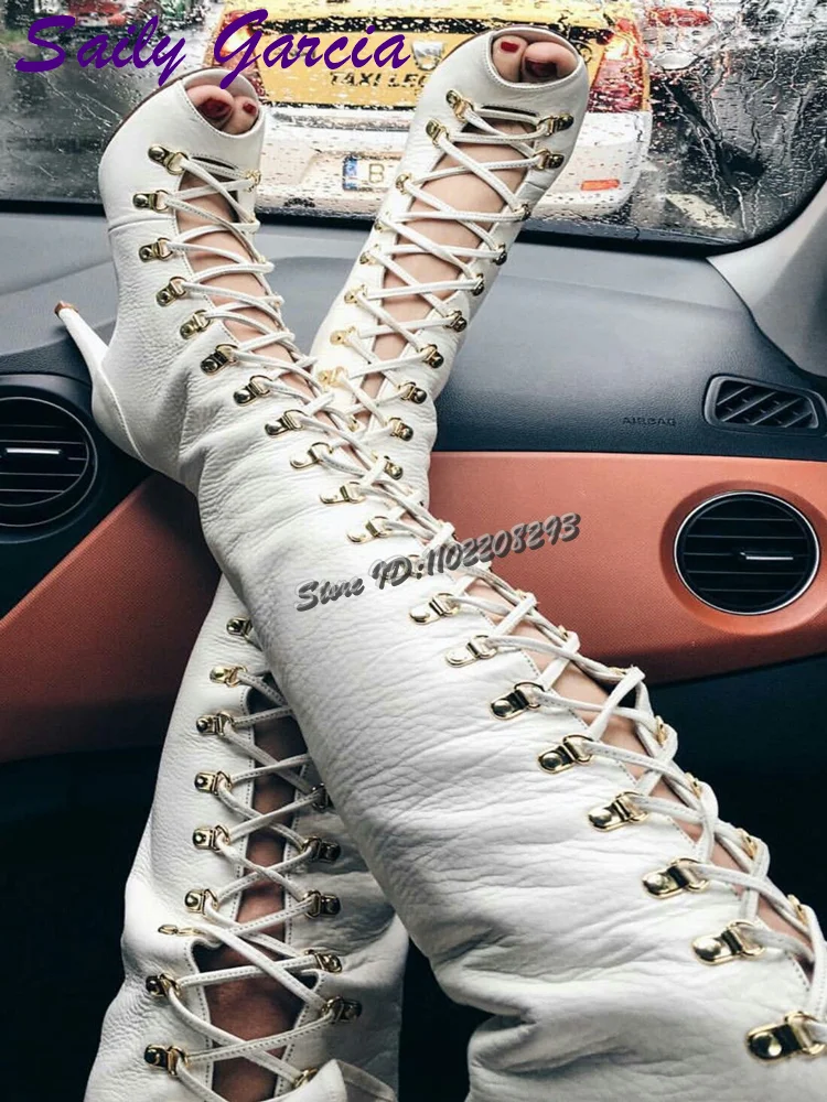 

Sexy Cross Strap Summer Boots White Peep Toe Lace-up High Heels Sandals 2025 Summer New Fashion Women Modern Stiletto Shoes