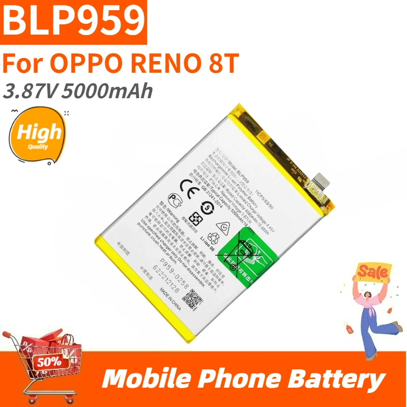 

High Quality BLP959 Phone Battery 3.87V 5000mAh For OPPO RENO 8T Brand New Replacement Battery
