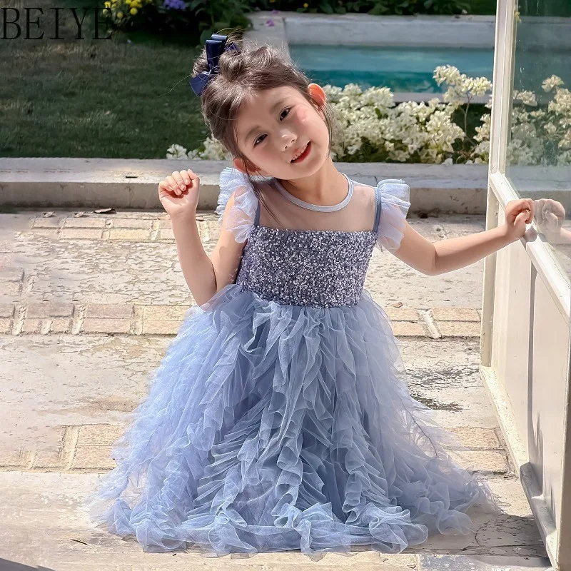 Cute Kids Sequined Mesh Tutu Dress Flutter Sleeve Irregular Ruffle Tulle Princess Dress Girls Holiday Performance Guest Dress