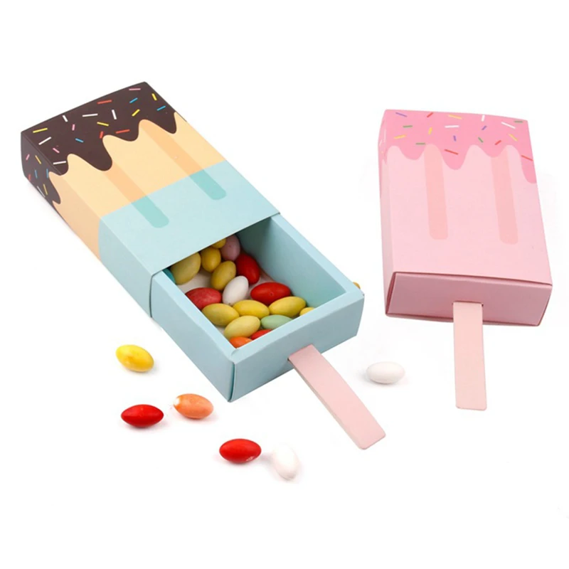 5pcs/10pcs Ice cream Shape Candy Boxes Cartoon Pull-out Tray Kraft Paper Popcorn Box Baby Shower Party Favors Box Birthday Decor