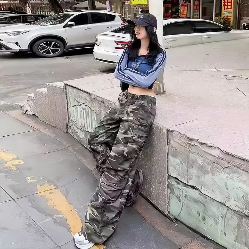 กางเกงคาร์โก้ลายพรางผู้หญิงทรงหลวมสไตล์ฮิปฮอปเอวสูงกางเกงสปอร์ตแฟชั่นลำลองสำหรับตั้งแคมป์และสตรีทแวร์