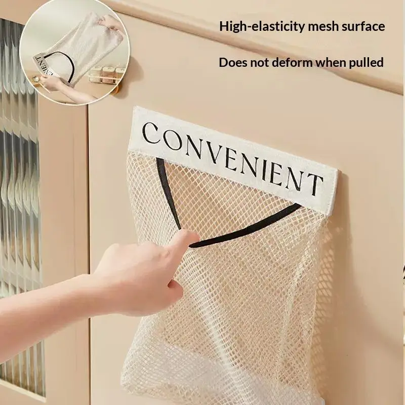 [Wall Mounted Mesh Storage Bag Quick Dry Hanging Organizer for Kitchen Garbage Plastic Bathroom Shower Accessory Storage]