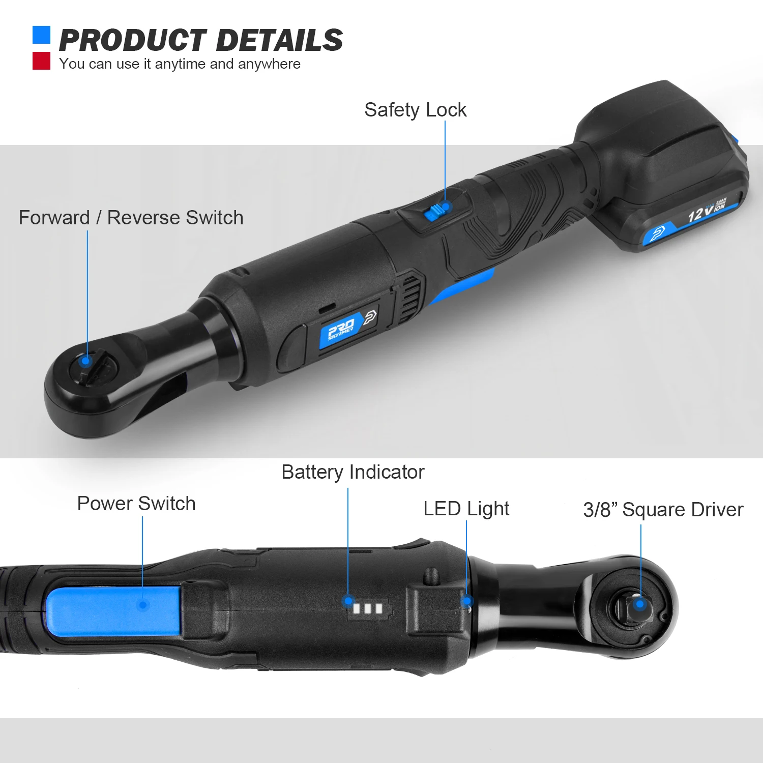 75NM Ratchet Wrench 12V Cordless Electric Wrench 3/8 Angle Drill Screwdriver Removal Screw Nut Auto Repair Tool