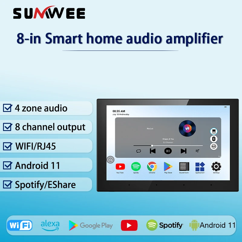 

8 Inch TUYA smart home WIFI 4 zones audio in wall amplifier music player sound control panle Android 11 system Touch Screen rj45