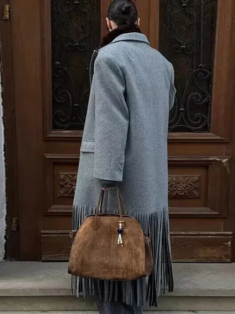 HH Women Fashion High Street Double Breasted Lapel Woolen Jacket Winter Female Long Sleeve Fringed Hem Decoration Pocket Coat